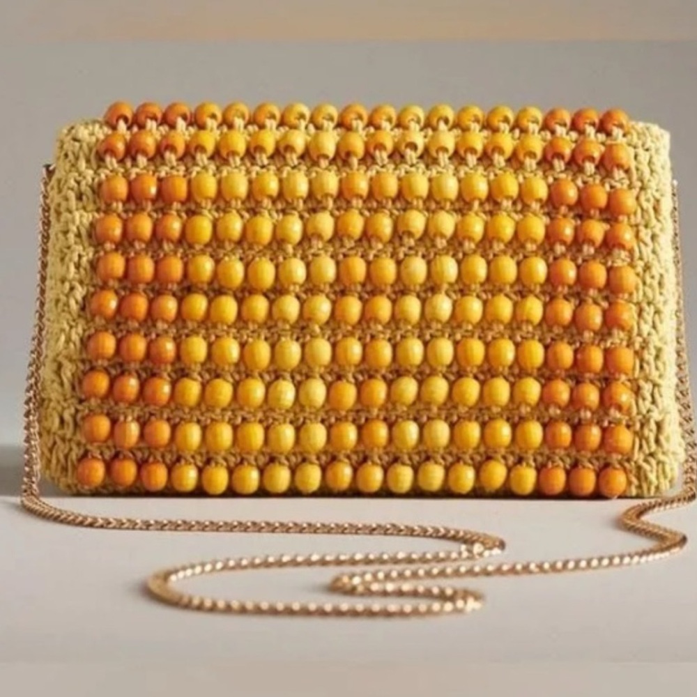 Anthropologie yellow beaded crochet bag clutch